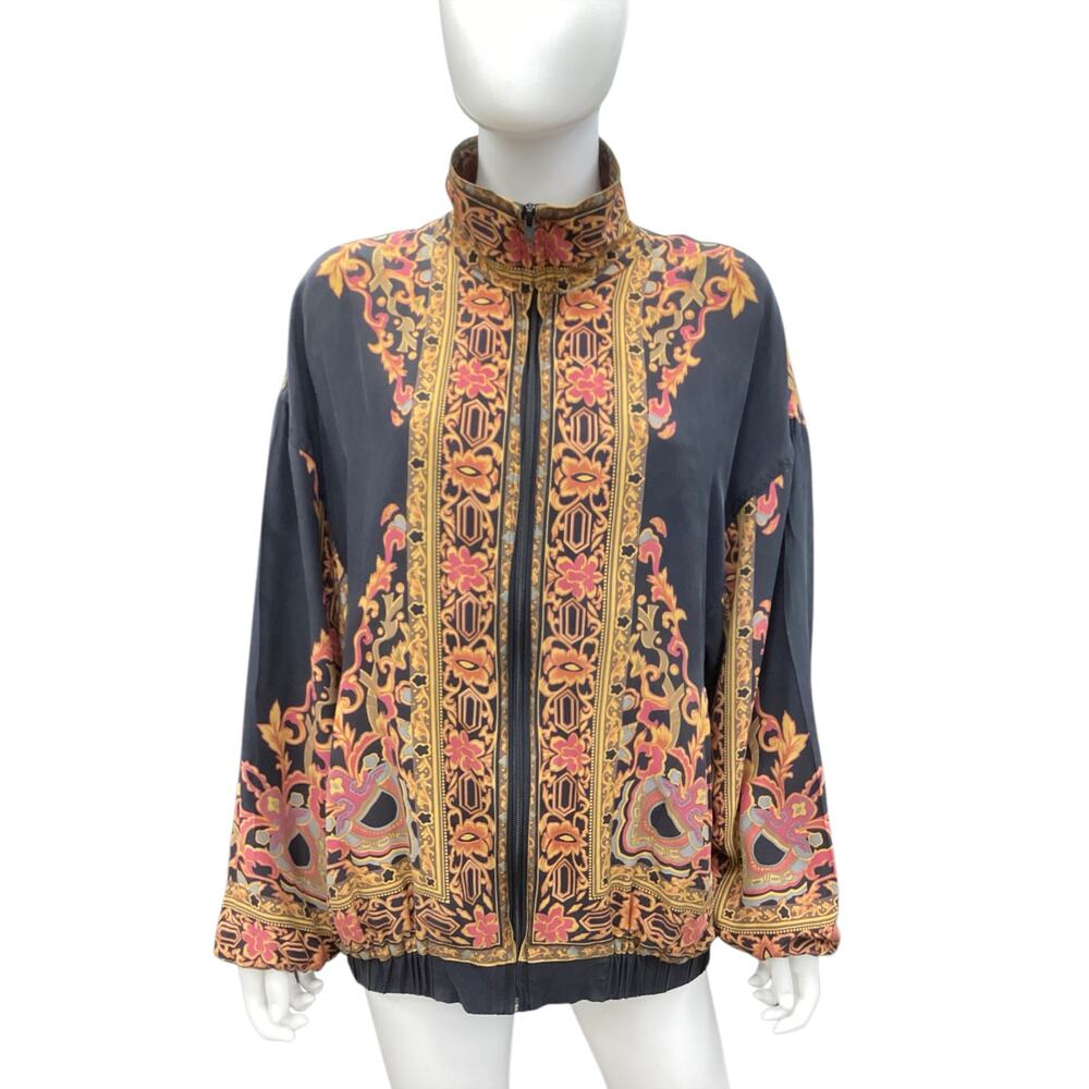 VTG WinterSilks INC. Women’s Silk Jacket Size L Black Brown Pink Zipper Pockets